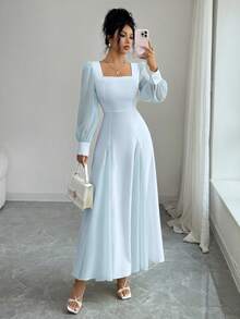 Modelyn Robe ajustée à encolure carrée et taille cintrée pour femmes - Bleu azur - Voir 4