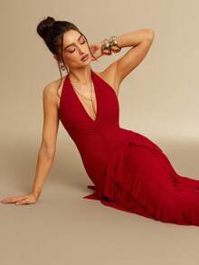 Silquee 浪漫纯红色深V领褶皱大A字荷叶边拼接露背性感优雅长裙，适合度假、海滩、情人节、圣诞节、约会、外出、夜店派对、聚会、春夏穿着。 - 紅色 - 查看 4