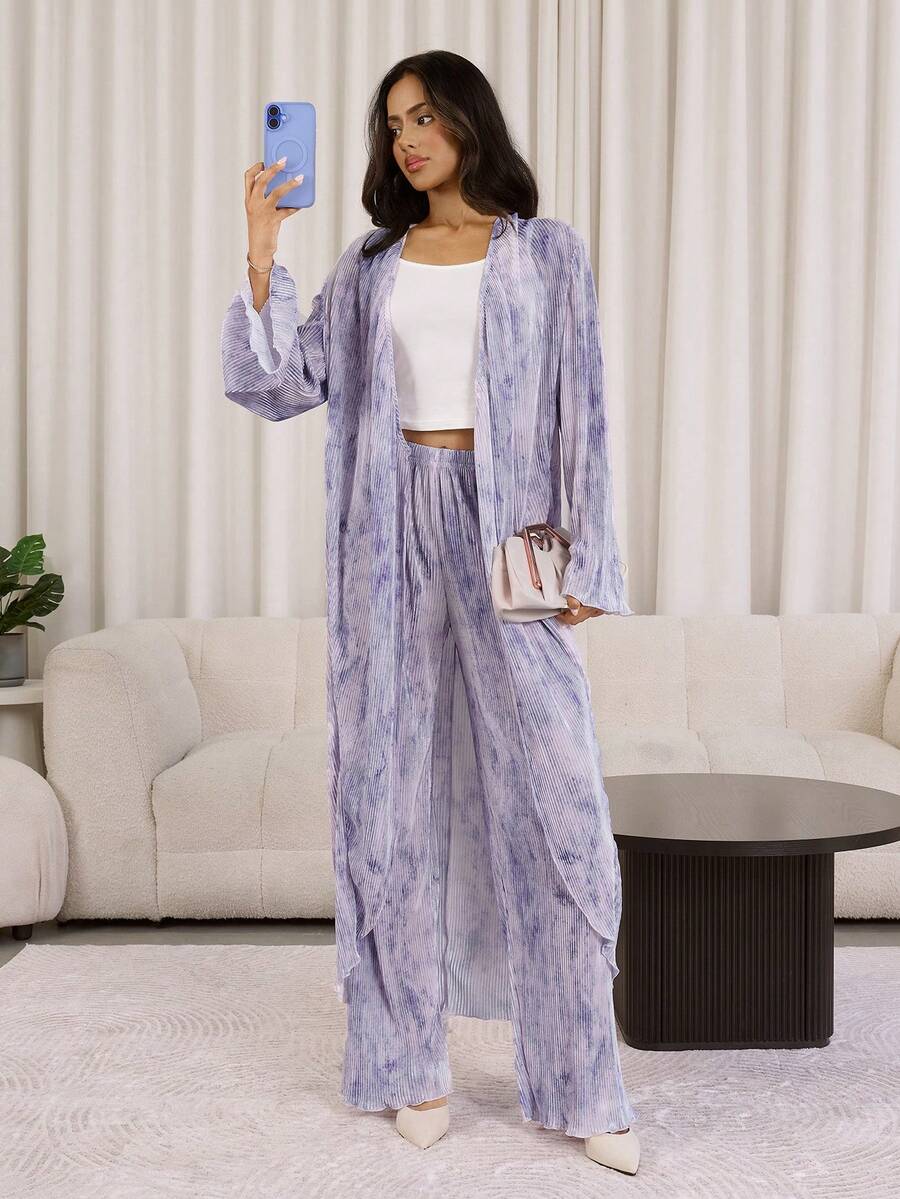 Veilorie 2pcs Women All-Over Print Long Sleeve Top And Elastic Waist Pants Set Lavender Outfit Woman Lavender Two Piece Set Pleated Set Woman Modest Sets For Women Lavender Pants Set - Multicolor - View 1