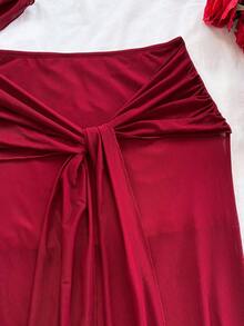 Soleia Women's Romantic Vacation Rose Textured Fabric Patchwork Mesh Bustier Top And Mesh Draped Tie Waist Maxi Skirt Set, Casual, Date Night, Nightclub, Afternoon Tea, Beach, Cruise, City Vacation, Music Festival, Party, Boho, Music Festival, Hippie, Western, Daily Commute, Red Skirt Set, Rose Set - Burgundy - View 3