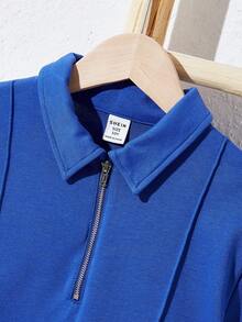 SHEIN 男童宽松休闲翻领纯色短袖polo衫和短裤两件套 - 寶藍色 - 查看 3
