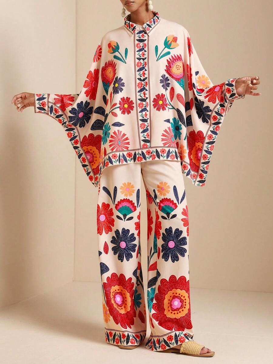 SHEIN Veneréa 2pcs Women's Patterned Vacation Shirt Set - Multicolor - View 1