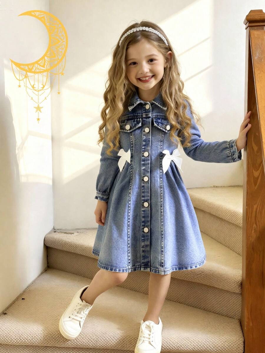 Elladie kids Vestido vaquero de manga larga para niñas, estilo casual y dulce para vacaciones, recomendado para el estilo universitario, denim azul claro lavado, decoración de lazo 3D blanco en la parte delantera, diseño de cuello, silueta ajustada, mangas abullonadas dulces y juguetones, adecuado para uso diario, paseos por la playa, o reuniones con amigos, estilo universitario diario, haciendo que tu pequeña brille entre la multitud, un atuendo imprescindible para las temporadas de primavera y otoño - Azul lavado oscuro - Ver 1
