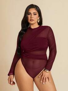 SHEIN BAE 加大码黑色不对称系带长袖透视女式紧身衣，适合鸡尾酒会、浪漫约会、秋冬打底、派对、正式聚会、网眼紧身衣、7 月 4 日曲线、女士度假服装、女士生日服装、女士机场服装、女士婚礼宾客礼服、7 月 4 日女士、女士夏装、女士性感俱乐部服装、狂欢节服装、女士性感俱乐部服装、毕业典礼 - 酒紅色 - 查看 3