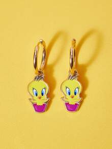 LOONEY TUNES X SHEIN 1 Pair Zinc Alloy Cartoon Pattern Printed Pendant Earrings, Smooth Hoop, Luxury Niche, Simple Fashionable Cute Generous, Suitable For Various Parties, Concerts, Festivals - Gold - View 3