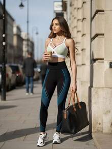 Innovista 黑色绿色拼接无缝运动紧身裤，高腰收腹，如黄油般柔软，适合瑜伽、普拉提、高强度间歇训练、跑步、健身房、办公室等各种场合，秋季运动休闲舒适弹力紧身裤。 - 黑色 - 查看 11