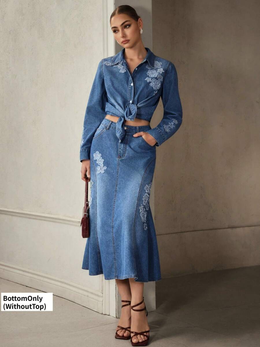 Selenza 女士时尚休闲刺绣牛仔迷你裙 - 中等水洗藍 - 查看 1