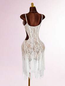 Amplova Đầm midi ren cổ khoét sâu gợi cảm phối màu bất đối xứng dành cho nữ - Nhiều màu - Xem 10