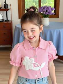 Elladie kids 女童复古可爱甜美休闲时尚泡泡袖衬衫，饰有花卉图案，适合休闲、度假、日常穿着，夏季必备 - 粉色 - 查看 3
