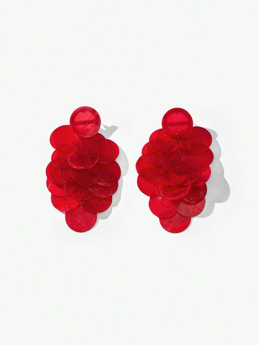 Maija Fashionable Versatile Round Shell Tassel Earrings - Red - View 1