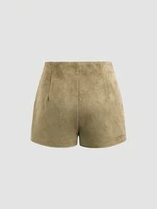 Sweetra Women's Fashionable Vintage Pleated Suede Casual Shorts, Versatile For Daily Commute And Outings, Autumn/Winter
