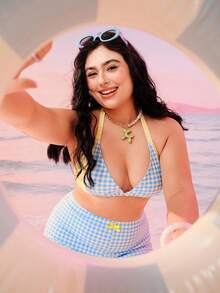 Swim Mod Bộ đồ bơi kẻ caro phối màu thanh lịch dành cho nữ cỡ lớn, phong cách học thuật ngọt ngào, thích hợp cho kỳ nghỉ biển. - Màu xanh lam - Xem 1