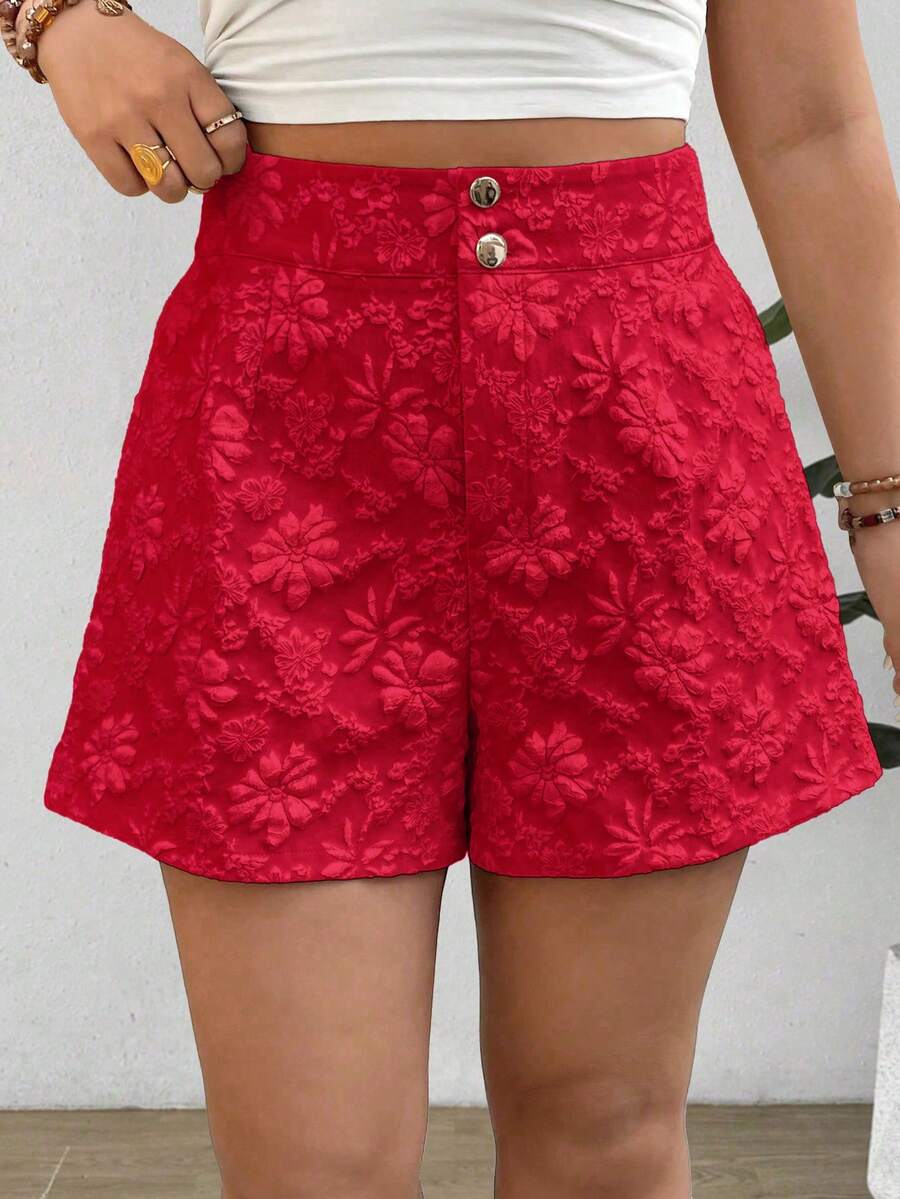 Elenzga Plus Size Women Textured Fabric Button Elegant Office Shorts
