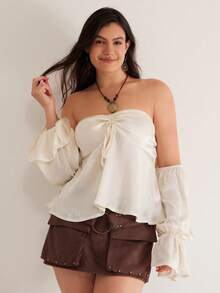 SHEIN VCAY Blus Modis Wanita Ukuran Besar Warna Polos Model Off-Shoulder Lengan Lebar dengan Tali Serut di Depan - Aprikot - View 4