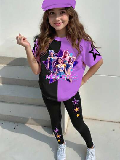 Set de 2 piezas de camiseta y leggings de moda casual para niñas en primavera/verano, con diseño de estampado completo de salpicaduras de tinta y personaje de dibujos animados, camiseta de cuello redondo y leggings negros ajustados, camiseta de cuello redondo y leggings cómodos, adecuados para otoño/invierno/primavera, atuendo casual para verano, calle, al aire libre, escuela, fiesta, regalo