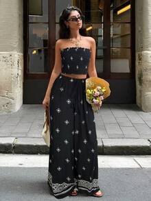 Serisse 两件套女士极简印花抹胸上衣和裤子套装 - 黑色 - 查看 1