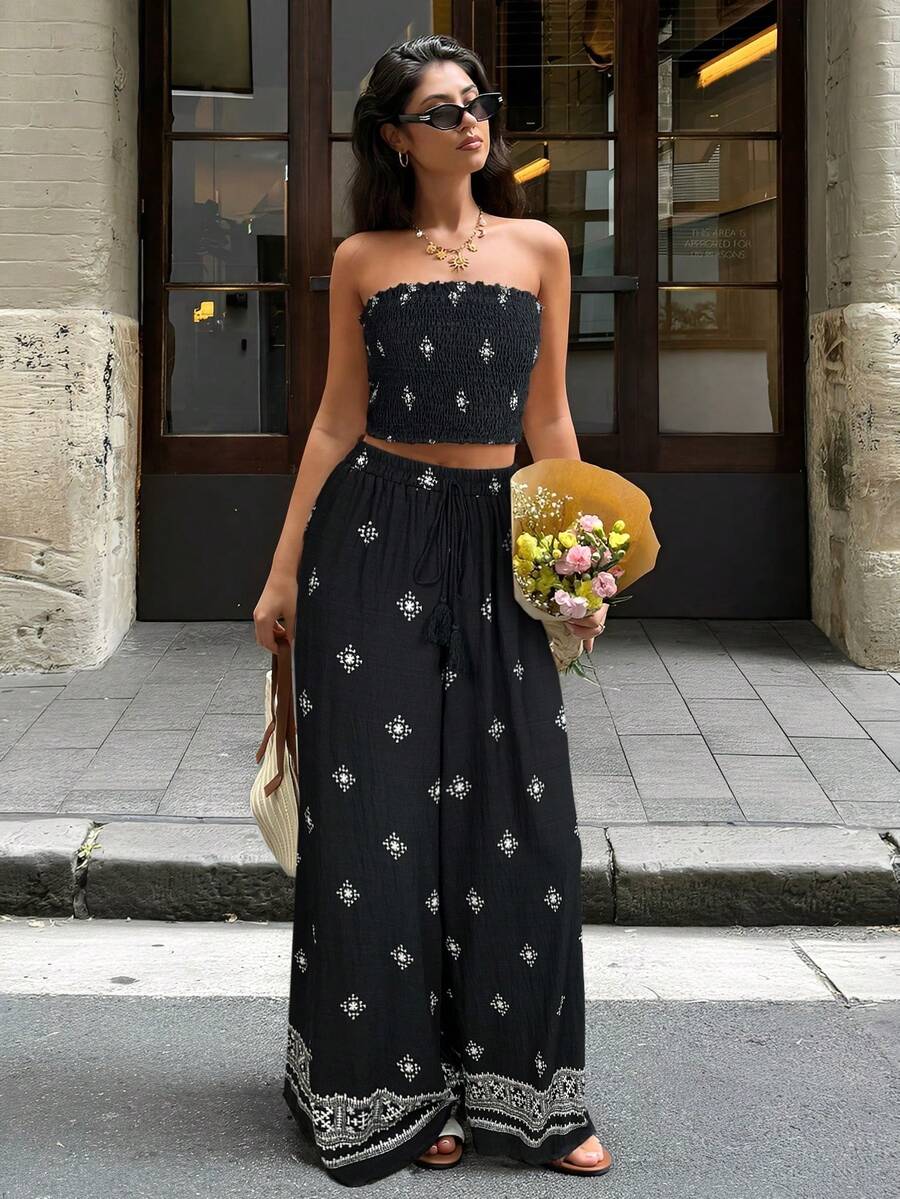 Serisse 两件套女士极简印花抹胸上衣和裤子套装 - 黑色 - 查看 1