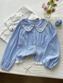 Comfortcana Plus Size Casual Vacation Plaid Lace Single-Breasted Ruffle Collar Lantern Sleeve Shirt, Spring/Summer Peter Pan Collar Blouse Gingham Cute Blouses Cottagecore Clothes - Blue and White - View 7
