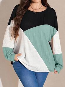 SHEIN LUNE Sudadera holgada de cuello redondo con mangas farol y contraste de color, ropa de otoño talla grande - Agua verde azul - Ver 5