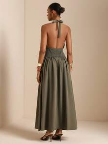 SHEIN Veneréa 女士纯色褶裥腰部时尚吊带连衣裙，适合度假穿着 - 橄欖綠 - 查看 2