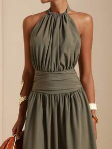 SHEIN Veneréa 女士纯色褶裥腰部时尚吊带连衣裙，适合度假穿着 - 橄欖綠 - 查看 6