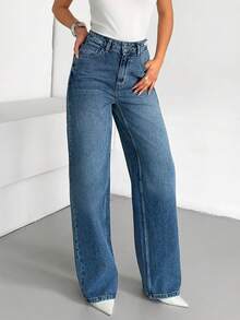High Waist Washed Slant Pocket Casual Straight Jeans - Medium Wash - View 6