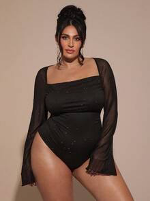 SHEIN BAE 大码女式秋冬针织弹力褶皱连体衣 - 黑色 - 查看 1
