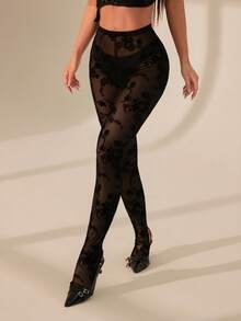 SHEIN PETITE 女士高腰植绒透视打底裤，时尚性感下装，秋冬季修身裤，适合休闲、约会、外出、夜店派对、圣诞节、春夏等场合。 - 黑色 - 查看 8