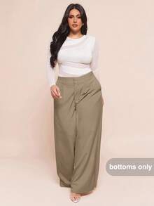 SHEIN BAE Quần dài nữ thời trang thu đông cỡ lớn, quần dài đơn giản, thanh lịch, hẹn hò, màu trơn, thường ngày, quần dài đen, quần dài nữ, quần dài giáo viên, trang phục công sở nữ, trang phục mùa thu nữ, thiết kế cạp chun hai lớp, ống rộng - Màu Khaki - Xem 7