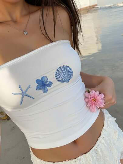 Aloruh Áo croptop nữ kiểu dáng thường ngày, không dây, ôm sát, in hình sao biển và hoa, thích hợp cho mùa hè, kỳ nghỉ biển, lễ hội âm nhạc.