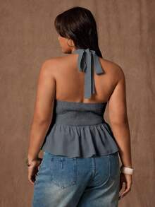 Rustia Áo kiểu nữ cỡ lớn màu trơn cổ yếm buộc dây phía sau, viền bèo nhún, thời trang và đa năng, phù hợp cho đi làm và hẹn hò. - Màu xám đen - Xem 2