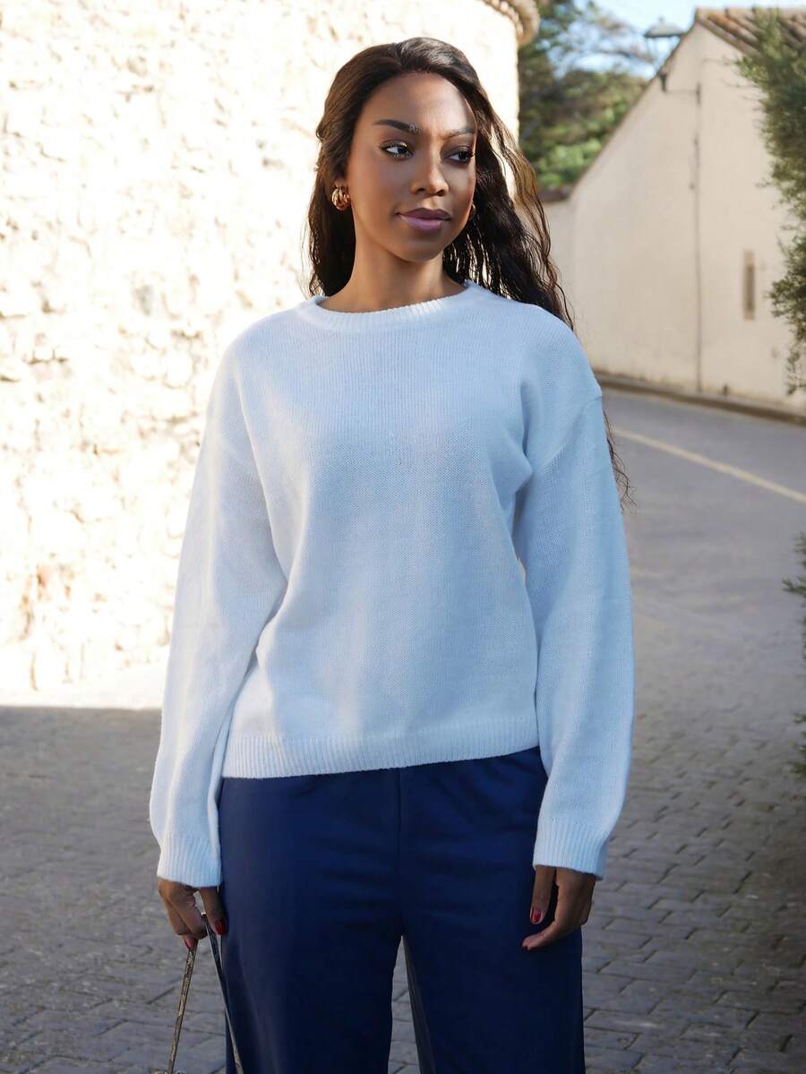 Yess Loren FOR BEAUTY Women's Spring/Autumn/Winter New Knitted Pullover, Simple And Elegant Casual Style, White Round Neck Long Sleeve Sweater - White - View 1