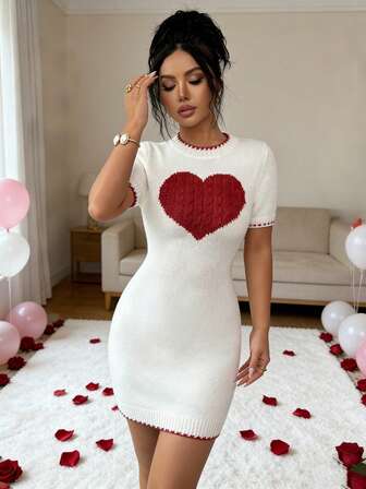 Rafferiza 心形图案撞色滚边针织修身圆领短袖毛衣连衣裙，女士休闲风格，春夏款