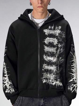 sweat-shirt à capuche décontracté ample avec fermeture éclair et imprimé lettres gothiques pour hommes