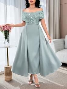 Modelyn Women's New Luxury Elegant High-End Cinched Waist A-Line Banquet Light Formal Dress - Gray green - View 2