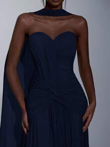 Elitara Elegant Gray-Green High-Stretch Knit Mesh Bustier With Ruched Front, Twisted Waist Design, Mermaid Hem (Detachable Halter), Suitable For Dates, Vacations, Singles Parties, Weddings, And All Formal Occasions, Formal Evening Gown - Navy Blue - View 2