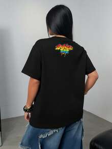 SpongeBob SquarePants | SHEIN 大码卡通图案休闲黑色圆领短袖T恤 - 黑色 - 查看 2