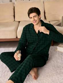 SHEIN 格子印花泡泡褶男士长袖开衫和裤子睡衣套装