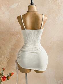 Soleia Women's Red Knitted V-Neck Fishbone Waist Ruched Asymmetric Hem Mini Slip Dress, Vacation - Apricot - View 2