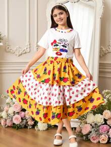 Teen Girl White Cute Summer Vacation Casual 2 Piece Set,Letter Print Short Sleeve T-Shirt Paired With Colorful Rose Cake Maxi Skirt Outfit For Girls - Multicolor - View 3