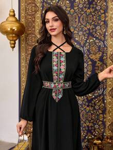 Al Najma Black Arabic Style Dress With Embroidered Floral Trim, Cross-Tie Neckline And Belt - Black - View 5