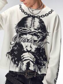 ROMWE MEN Men's Letter Print Loose Fit Round Neck Drop Shoulder Long Sleeve T-Shirt - White - View 1