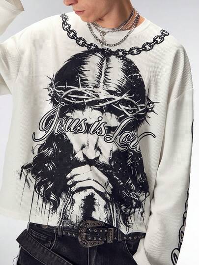 Maglietta casual da uomo a girocollo, manica lunga, con stampa di lettere e numeri