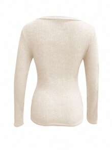 SHEIN 刺绣V领修身长袖女式T恤 - 杏色 - 查看 2