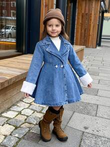 Elladie kids Autumn/Winter Denim Long Knee-Length Jacket Or Dress, Washed Black Denim, Retro Sweet Cool Casual Vacation Style College Look Recommended - Medium Wash - View 4