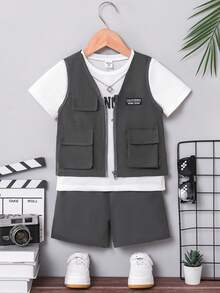 Young Boys Casual Short Sleeve T-Shirt And Jacket Set Boy Casual 2 Piece Set Boys Summer Clothes Sets - Multicolor - View 1