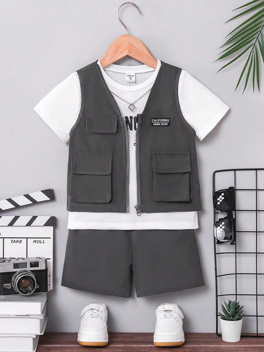 Young Boys Casual Short Sleeve T-Shirt And Jacket Set Boy Casual 2 Piece Set Boys Summer Clothes Sets - Multicolor - View 1