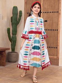 Bộ 2 món cho bé gái tuổi teen, kiểu dáng thường ngày, gồm áo khoác và váy chữ A in họa tiết patchwork tua rua, màu đỏ tía và be. - Màu Đỏ Sâu - Xem 4
