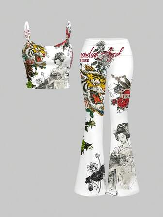 ROMWE Avant Ensemble 2 pièces Top court avec slogans sexy et pantalon évasé taille basse pour femmes