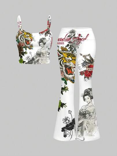 ROMWE Avant Set da 2 pezzi composto da top corto con slogan sexy e pantaloni a vita bassa a zampa per donne